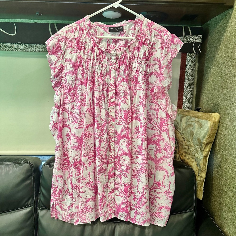 Lane Bryant Pink White Tiger Palm Tree Toile Ruffle Pintuck Blouse Plus Sz 34/36